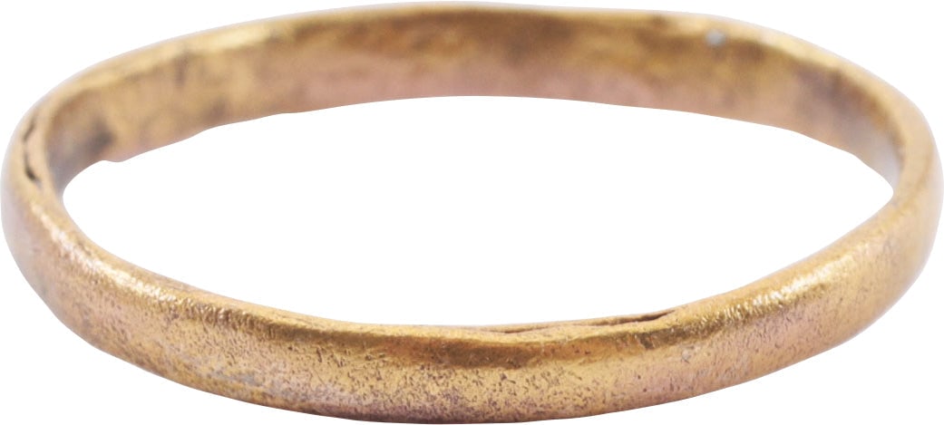 VIKING WEDDING RING, 11TH CENTURY, SZ 8 1/2: 10th-11th century AD. Gilt bronze, a little over size 8 1/2, 2.2mm width, with low rounded face. Surface textured from burial. Vikings exchanged rings on the pommel of the groom’s sword. Profess