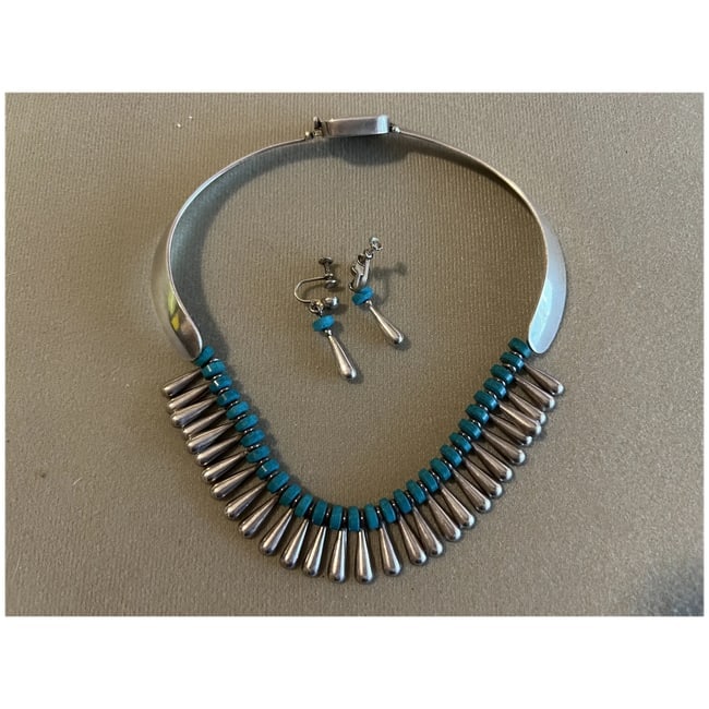 Vintage Taxco Sterling Silver Necklace & Earring Set - SR Eagle 3 Hallmark Mexico -Turquoise - 7
