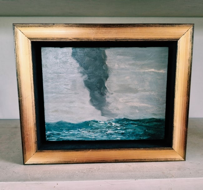 Tonalist oil by Robertson Mygatt, 1862-1919: New York city. A waterspout on the ocean. This is on his typically used wooden cigar box lid. Shadow box frame, all in excellent condition. Please read about him online. He is a listed artist.