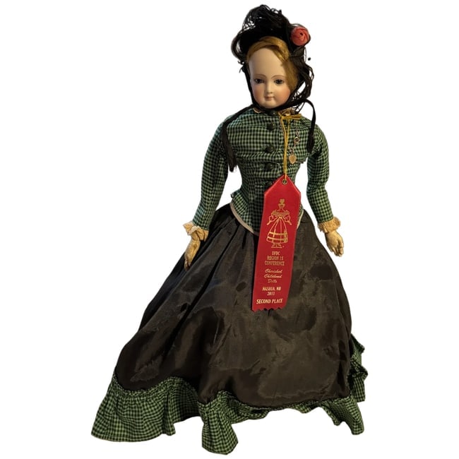 Gorgeous smiling Antique French fashion doll 18" original family: Gorgeous smiling Antique French fashion doll, or poupee, wearing a green plaid bodice and black skirt the hat and outfit was later made for the doll she has no shoes still has her socks . Smiling Fren