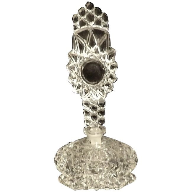 Vintage Block Hobstar Cut Crystal Perfume Bottle-Stopper with Applicator: This Vintage Block Hobstar Cut Crystal Perfume Bottle-Stopper with Applicator is in excellent condition. NO chips, or stains. Stands 7 1/2" tall and the stopper is cut on both sides. Even the bottom