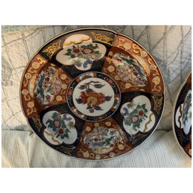Antique Pair of Meiji period Gold Imari Japan hand painted large decorative bowls 9" signed - 2