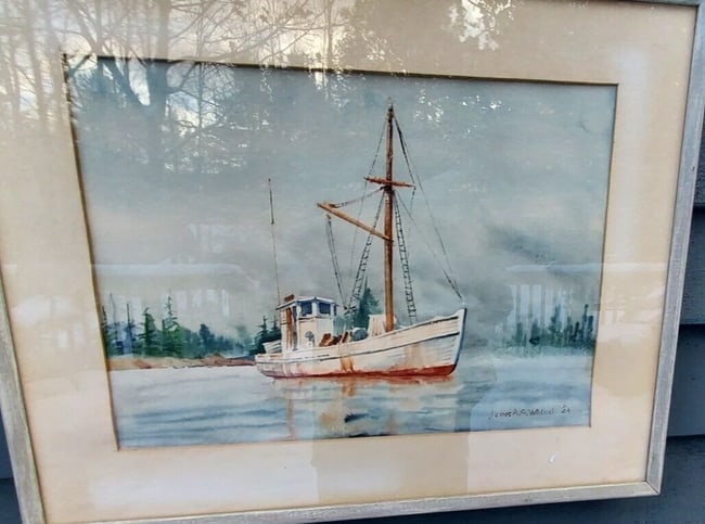 Watercolor lobster boat Maine new England sign James A. Walker 1964: Great looking piece in excellent condition. Painted in 1964. Great look. Measures approximately 12 x 16" 18 x 22" overall. Shipping charges include insurance. Shipping: Domestic: Flat-rate of $35.00