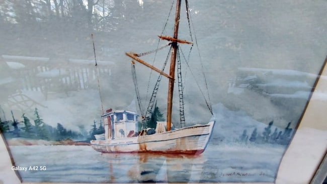 Watercolor lobster boat Maine new England sign James A. Walker 1964 - 2