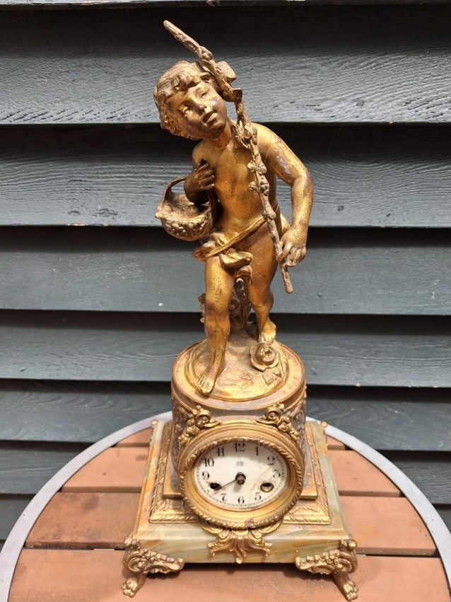 Antique Waterbury Ornate Clock 19th French Rococco Revival As Is parts: Great looking piece in good condition. Not working. Gold plated I believe. Brass construction. Repair or parts. 19" tall. Base is 8" tall and 9" wide. Shipping: Domestic: Flat-rate of $60.00 to anywhe