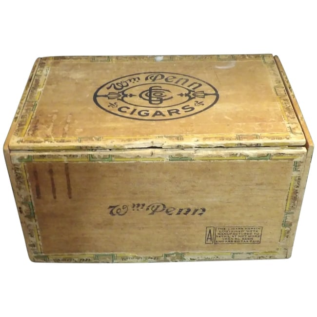 William Penn Wood Cigar Box-1930's: This William Penn Wood Cigar Box is in very good condition for something almost 100 years old. It measures 8 1/2" x 5 1/2" x 4 3/4". Original paper labels are present and in good condition. Wood box