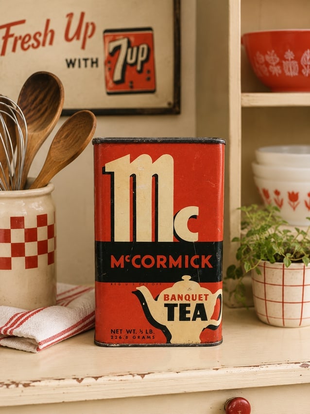 1930's McCormick Banquet Tea Tin 1/2 Pound: Date/Period: Approx 1930's Dimension: Approx. 5" tall x 3.25 x 3.25" Material: metal Additional Information: 1930's McCormick Banquet Tea Tin 1/2 Pound Shipping: Domestic: Flat-rate of $7.00 to