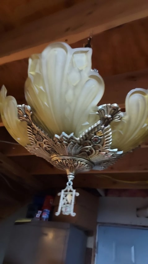 Antique Slip Shade Fixture Aluminum Art Deco Complete with ceiling cap: Great looking piece in excellent condition. Minor chips on shades. Worse one shown. Not seen when on fixture. Widest shades I have ever seen. 5". Beautiful piece. No ceiling cap. Shipping charges