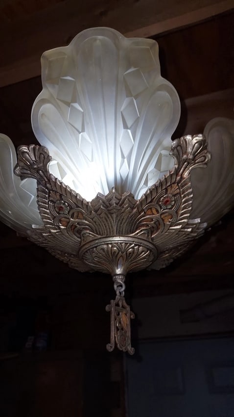 Antique Slip Shade Fixture Aluminum Art Deco Complete with ceiling cap - 2