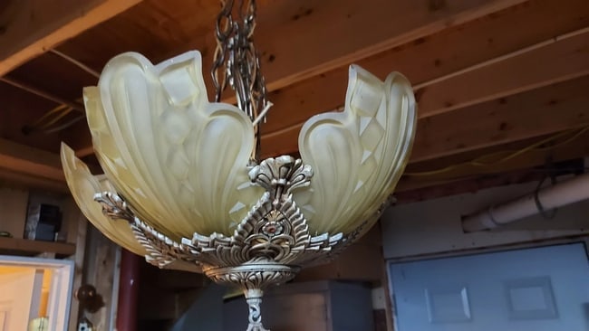 Antique Slip Shade Fixture Aluminum Art Deco Complete with ceiling cap - 6