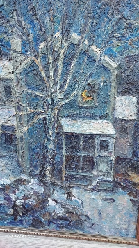 Phenomenal Oil painting First Snowfall morning Signed - 2