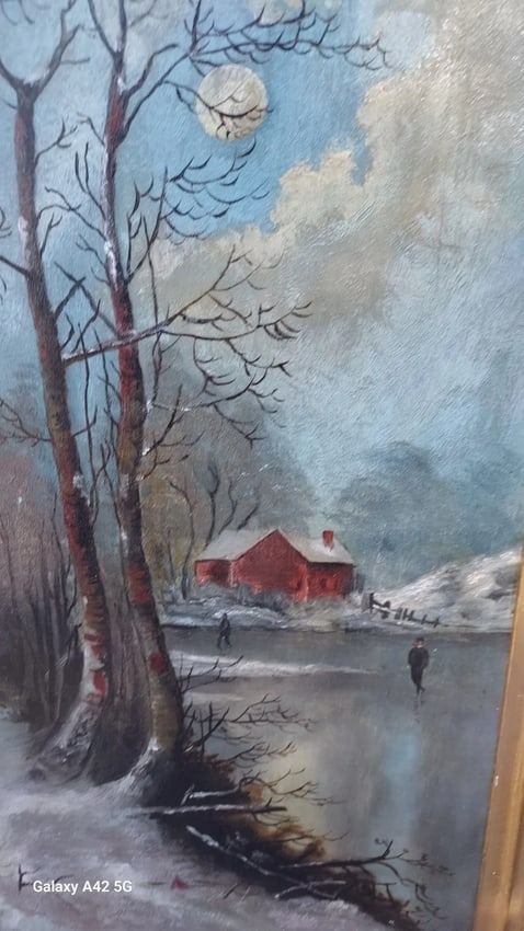oil painting On Board Moonlight Walk On Ice 19th Century. - 2