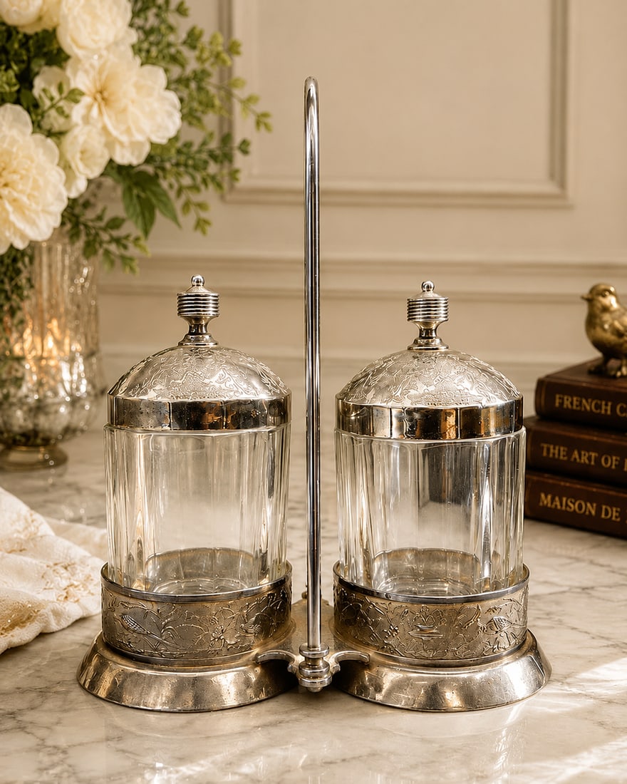 Victorian Silver Plated Double Pickle Castor Ivy, Birds (1 of 8)