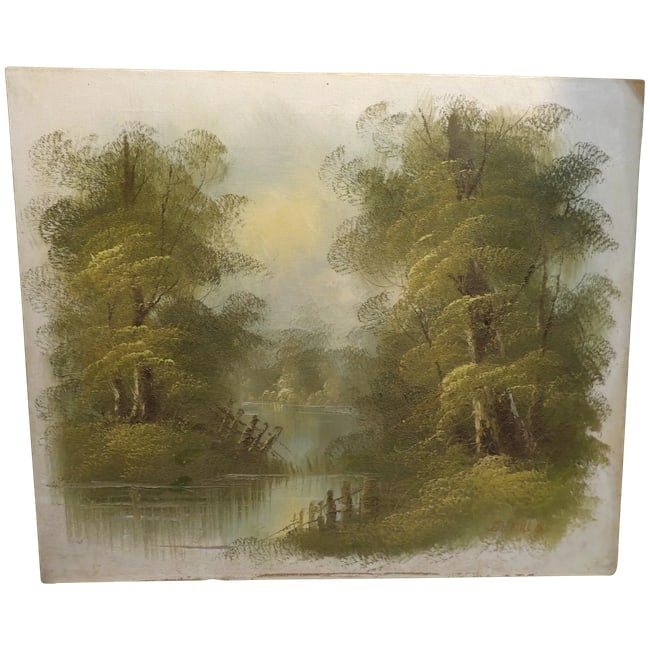 Original Oil Painting by S Hill: S Hill is a know artist with many sales of his art. The picture is of a lake and trees, subtle greens and yellow produce a beautiful scene. This is sold unframed so you can pick the frame you would