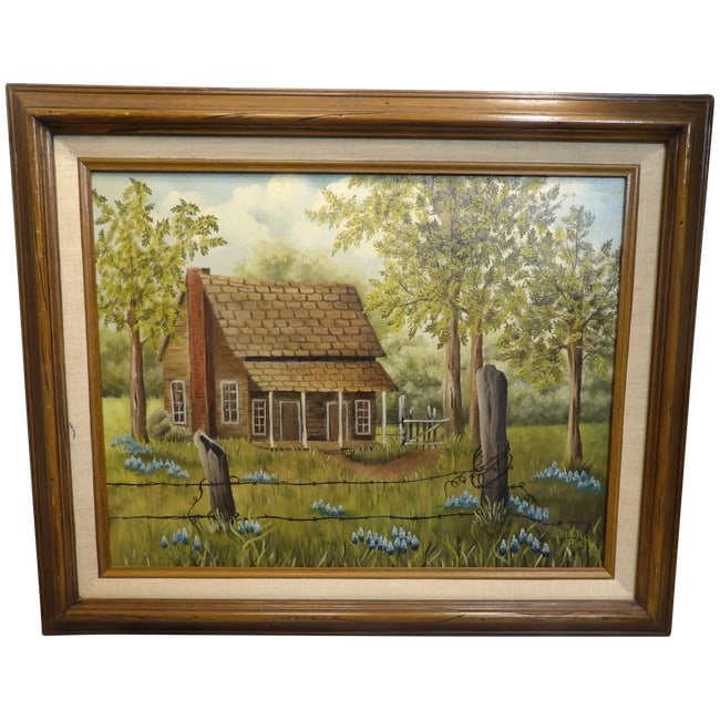 Grandad's Home- Van Alystene Tx-1800's by Helen Rice: This Oil Painting of Grandad's Home- Van Alystene Tx-1800's by Helen Rice is in excellent condition. She had her own shop called the Bee Hive and sold her painting out of it. It measures 23" x 19" in 
