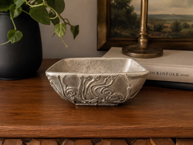 Vintage Signed Brutalist Cast Aluminum Bowl MCM Sculptural Dish: Date/Period: late 1960s-1970s Dimension: Measures approximately 5" x 5" x 2". Material: I believe this is cast aluminum but not certain Additional Information: Striking vintage brutalist cast