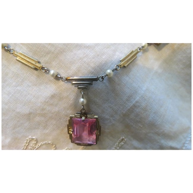 Vintage pretty Pink Glass Art Deco Necklace - 2
