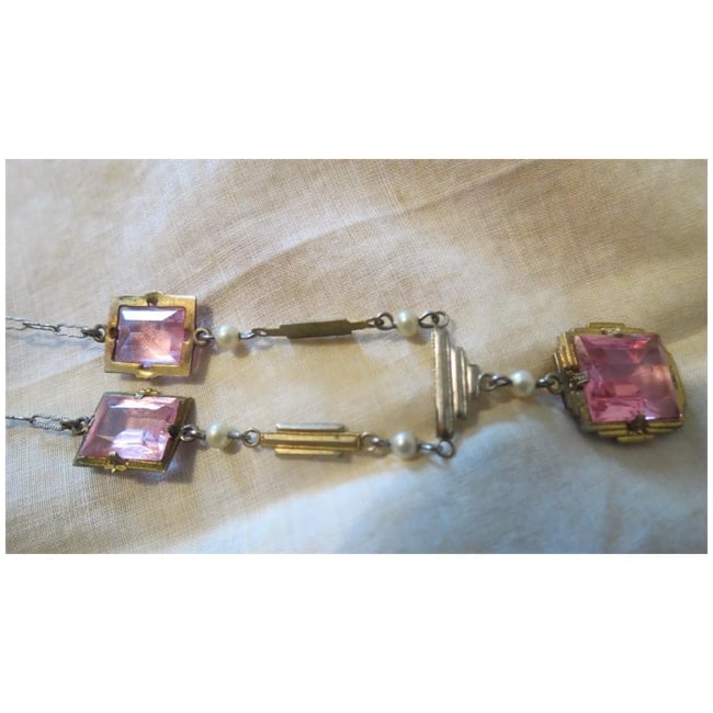 Vintage pretty Pink Glass Art Deco Necklace - 3