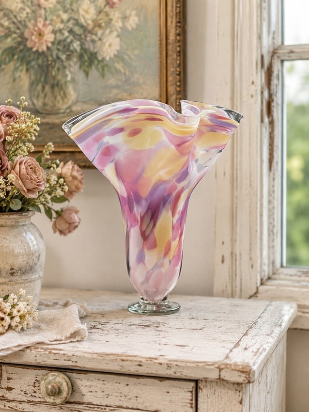 BRUCE FREUND ART GLASS RUFFLE VASE Signed 1987: Date/Period: 1987 Dimension: Approx. 11" tall Material: glass Additional Information: Master glass blower from the USA, Bruce Dreund is know for Transforming fire and sand, using freehand blowing
