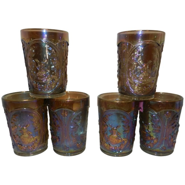 Vintage Imperial Smoke Carnival Glass Windmill Pattern Tumbler: This set of 6 Vintage Imperial Smoke Carnival Glass Windmill Pattern Tumbler are in near MINT condition. NO problems of any kind. The IG is faint on several glasses but visible on others. They hold 8