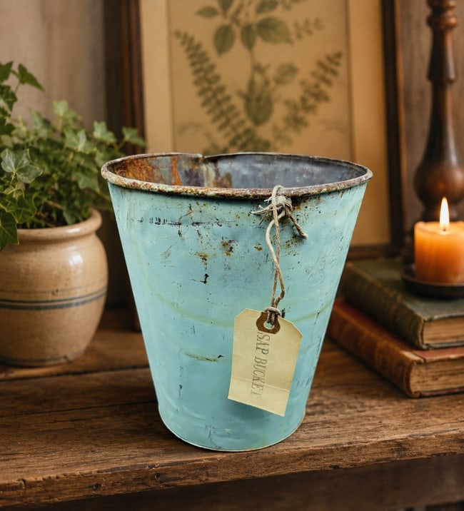 Vintage Mint Green/Blue Metal Sap Bucket Rustic Primitive: Date/Period: unknown Dimension: Approx. 9" tall x 5.5" bottom diam. x 7.25" top diam. Material: metal Additional Information: Vintage Mint Green/Blue Metal Sap Bucket Rustic Primitive Shipping: Domest