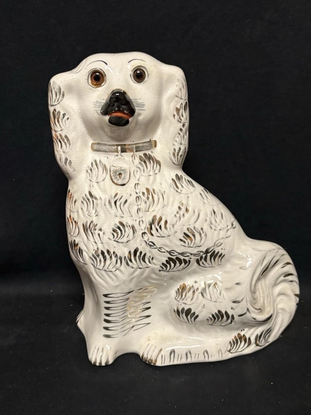 Staffordshire Spaniel Dog: It measures 11 3/4" x 9 1/8" x 4" and dates around 1900. It has no chips, cracks or repairs. It has glass eyes Shipping: Domestic: Flat-rate of $20.00 to anywhere within the contiguous U.S. Internatio