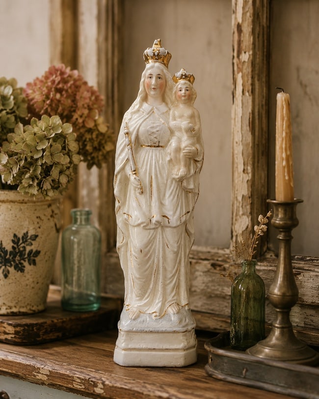ANTIQUE BRUSSELS PORCELAIN MADONNA & CHILD CROWNS STATUE FIGURINE RELIGIOUS MARKED 269 (1 of 8)