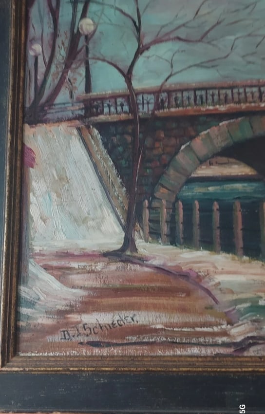 River scene bridge sidewalk lights oil painting on Board D.J Schieder - 2