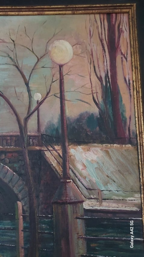 River scene bridge sidewalk lights oil painting on Board D.J Schieder - 3