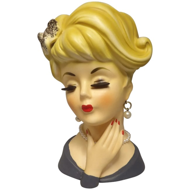 Lefton 7" Lady Head Vase with Necklace & Earrings: This Lefton 7" Lady Head Vase with Necklace & Earrings Would be in near MINT condition if it did not have crazing- minor as it is. NO breaks, chips, flea bites, loss of color etc. It measures 7" x 4