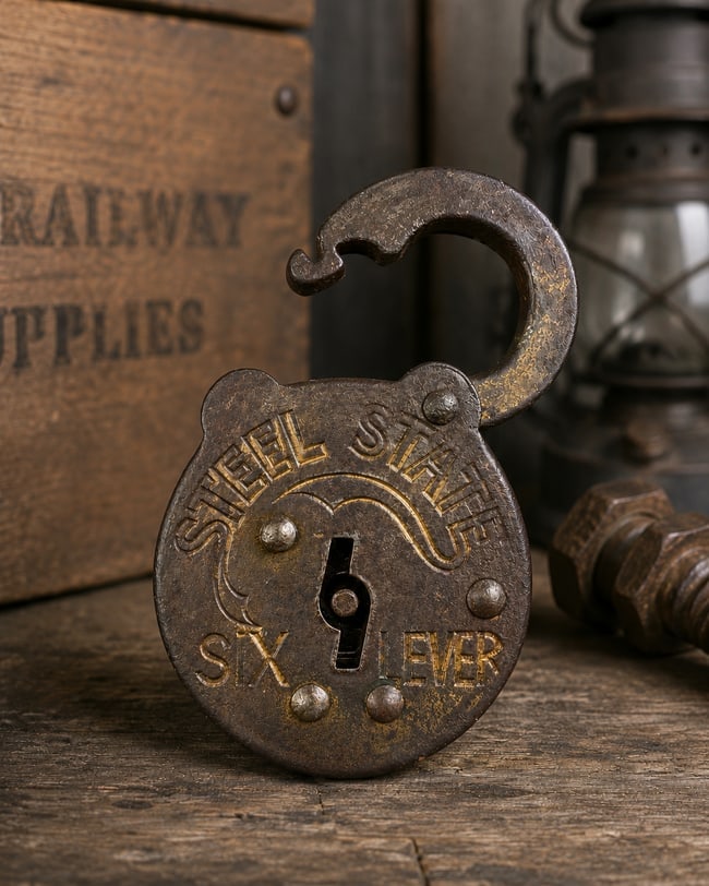 Antique Steel State Six Lever Iron Padlock Made in U.S.A. Industrial Lock c.1915-1935: Date/Period: c.1915-1935 Dimension: Approximately 3.5" H x 2" W x 3/8" thick (body) Material: Iron and Steel with Brass Internal Components Additional Information: An authentic early 20th-century Amer