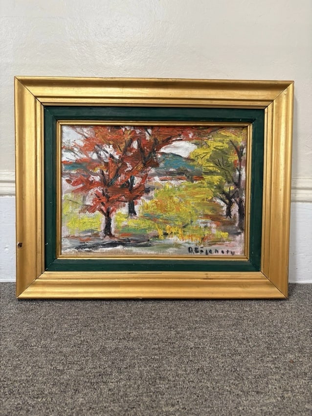 Impressionistic Oil On Canvas Landscape Painting: The frame measures 23 3/4" x 19" and the canvas measures 19 3/4" x 15". It is in good condition with no issues. The canvas has been reinforced with a thin board Shipping: Domestic: Flat-rate of $40.00