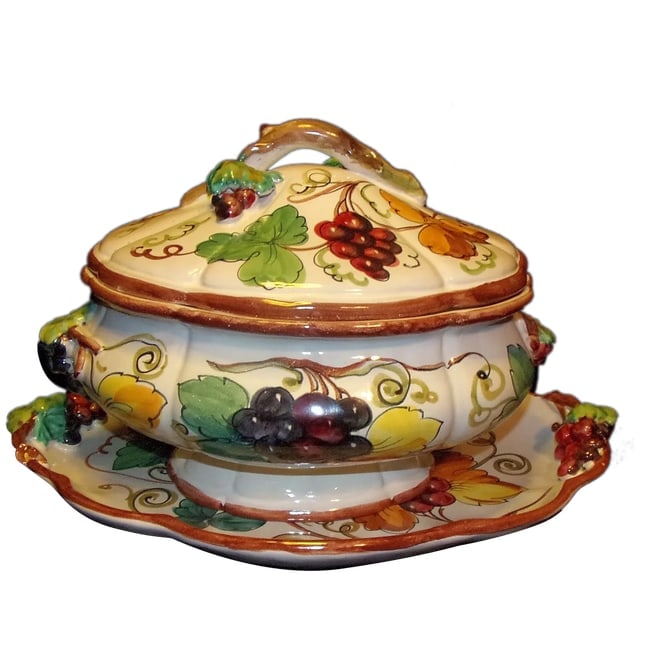 Vintage Large Italian Soup Tureen with Underplate and Grapevine Motif: This Vintage Large Italian Soup Tureen with Underplate and Grapevine Motif is in Excellent Condition. NO chips, crazing, cracks, or loss of color. 13 1/2" x 10 x 9 1/2" tall. The underplate is 17