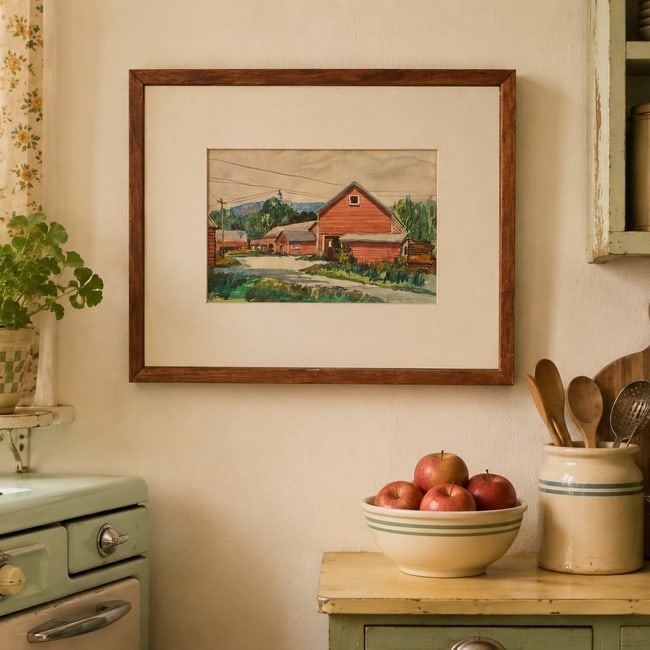 1949 Signed Watercolor Painting Red Barn Farm Scene (1 of 7)