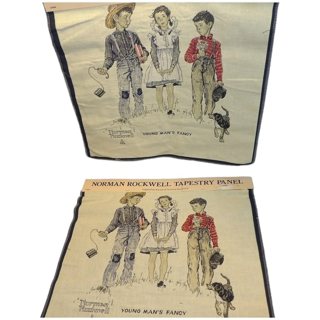 Norman Rockwell Tapestry Panel by Oakhurst Textiles Inc.: This pair Norman Rockwell Tapestry Panel by Oakhurst Textiles Inc. is NOS and may be used for pillows, framing, wall hangings, wearable art. Sold as a matched pair for pillows. This would be a unique 