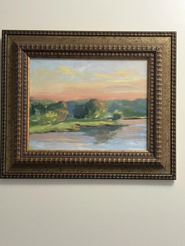 MJ Q Cross Oil On Board Landscape Painting: For sale is an oil on board landscape painting by mj q cross. Who is a New Hampshire based artist. The frame measures 19 7/8" x 17" and the board measures 14" x 11 1/4". It is in good condition Shippi