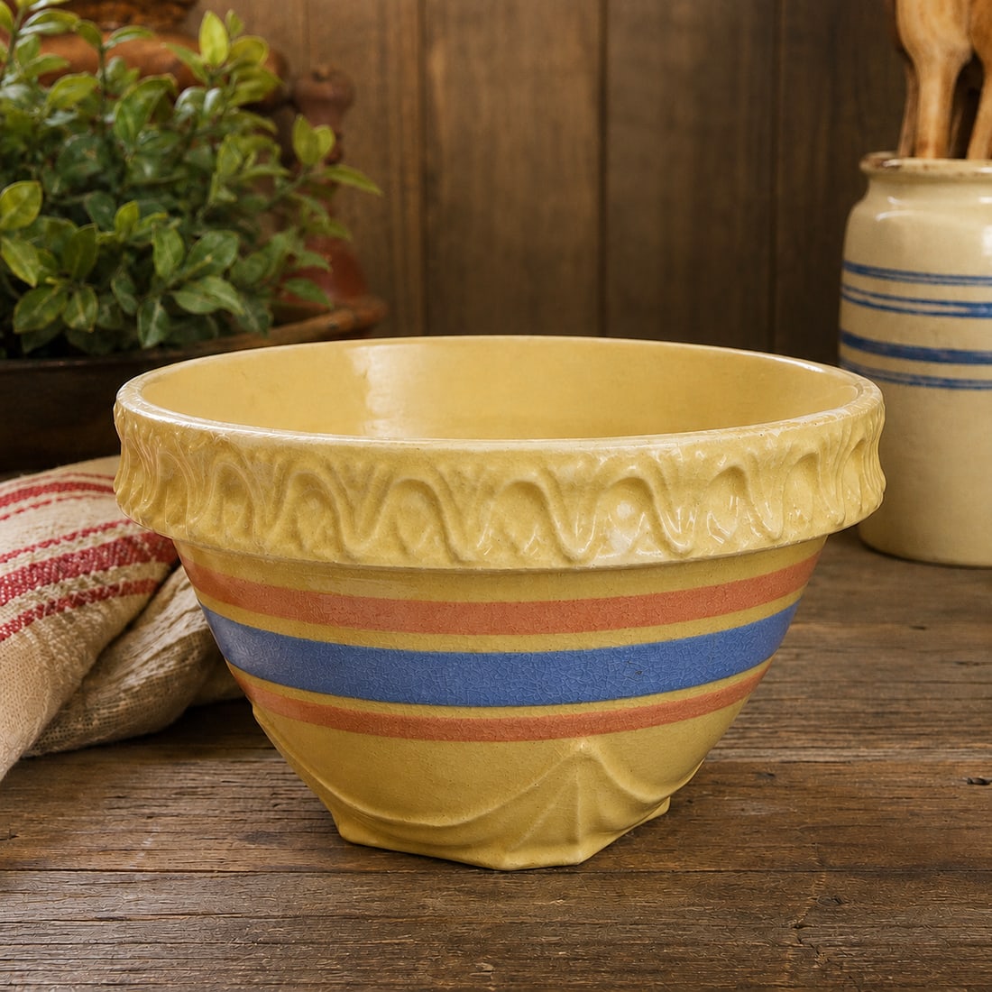McCoy Yellowware Mixing Bowl with Pink & Blue Bands Pie Crust Rim c. 1925-1940 (1 of 8)