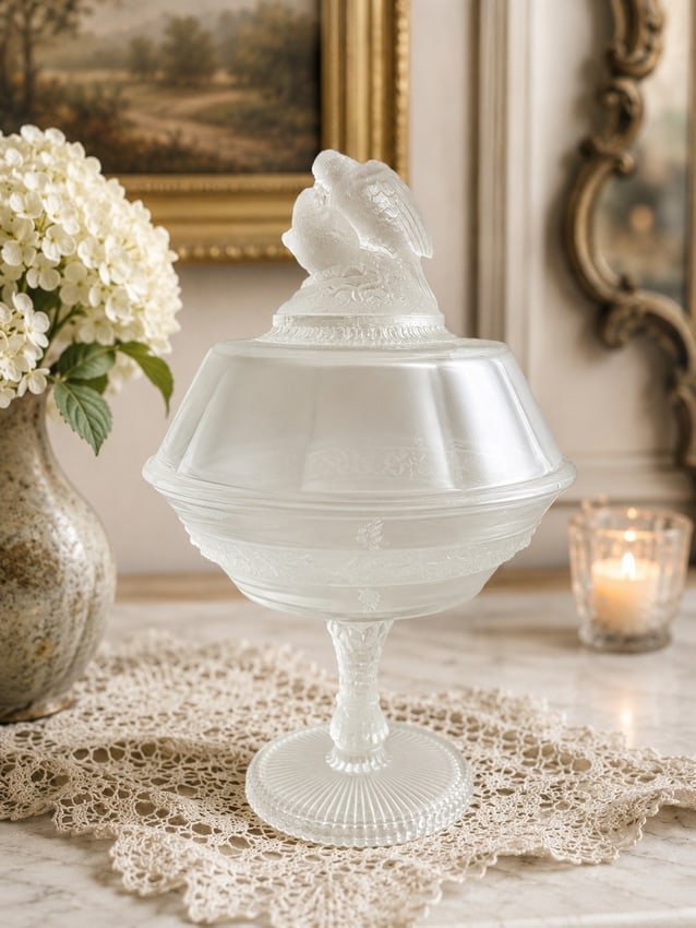 ANTIQUE GLASS COVERED COMPOTE LOVE BIRDS -C. 1870: Date/Period: late 1800's Dimension: approx. 9.5 in tall x 6 in diameter Material: glass Additional Information: Antique Early American Patterned Glass Covered Compote Love Birds - 1870.This a