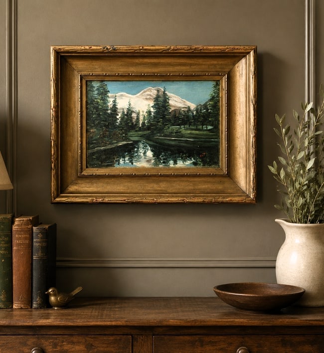 Miniature Primitive Mountain Landscape Painting Signed: Date/Period: UNKNOWN Dimension: approx 8.5 x 6.5 Material: mixed materials Additional Information: Miniature Primitive Mountain Landscape Oil Painting on Board signed ILT Shipping: Domestic: Flat-rate