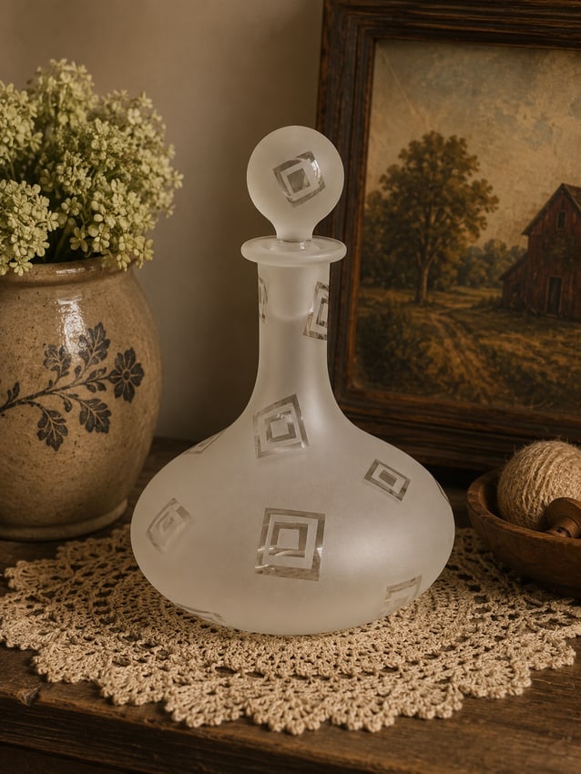 Art Glass Decanter Robert McCandless Signed, Etched Frosted Geometric Pattern: Date/Period: unknown Dimension: Approx. 11" tall x 8" diameter Material: glass Additional Information: Art Glass Decanter Robert McCandless Signed Etched Frosted Genie Geometric Large Heavy Shipping: