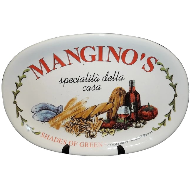 Mangino's at Shades of Green on Walt Disney World Resort Souvenir Platter: A souvenir ceramic platter from Walt Disney World. The dish is from Mangino' Steakhouse at Shades of Green Resort and has a wonderful meal inspired illustration on the face of the platter, Measures 8