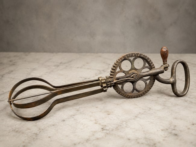Antique Dover No. 10 Aluminum Beater Hand Crank Egg Beater Cast Iron & Wood c.1905-1925: Date/Period: c.1905-1925 Dimension: Material: Cast Iron with Wood Knob Additional Information: An authentic early twentieth-century Dover No. 10 hand-crank kitchen beater, manufactured in the United