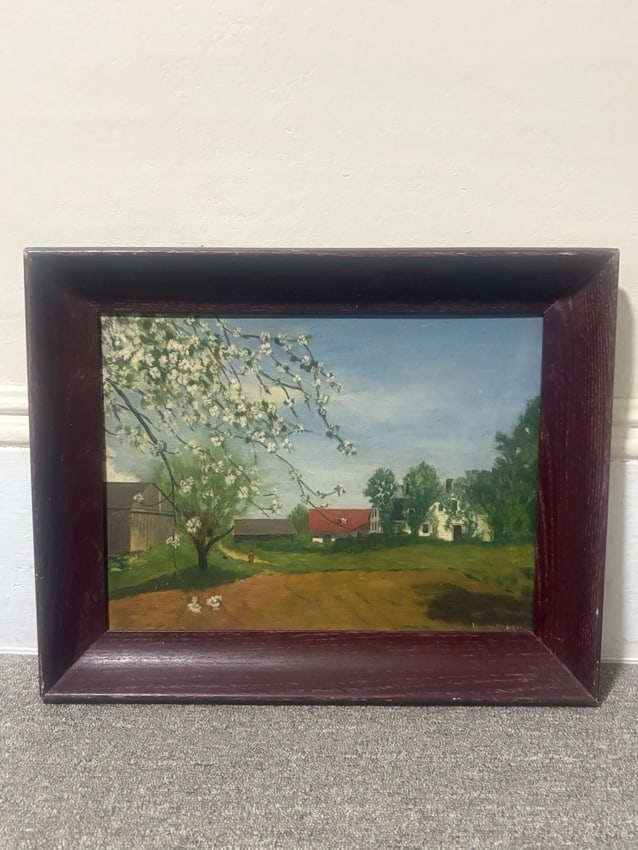 Artist Signed Oil On Board Folk Art Landscape Painting: The frame measures 19 3/4" x 15 3/4" and the board measures 16" x 12". It is artist signed and I believe it says louis dewall. It is in good condition with no issues Shipping: Domestic: Flat-rate of
