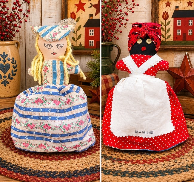 FOLK ART TOPSY TURVY REVERSIBLE FLIP CLOTH DOLL AMERICANA BLACK & WHITE: Date/Period: unknown Dimension: Approx 8 x 5 Material: fabric Additional Information: VINTAGE TOPSY TURVY REVERSIBLE FLIP CLOTH DOLL AMERICANA FOLK ART BLACK & WHITE Mammy Shipping: Domestic: Flat-rat