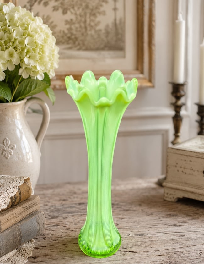 NORTHWOOD GREEN OPALESCENT THIN TICK RIB GREEN SWUNG VASE 12"" ANTIQUE: Date/Period: unknown Dimension: Approx. 12" tall Material: glass Additional Information: The Northwood Green Opalescent Thin Tick Rib Swung Vase is a rare and antique piece of pressed glass from the