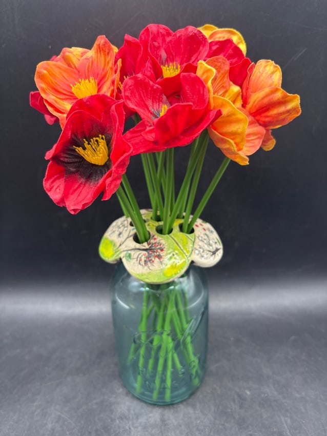 Signed Handcrafted Art Pottery Flower Frog - 5