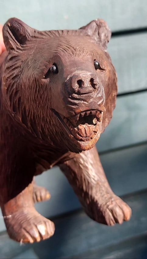 Antique Wood Carved Folk Art Black Forest Bear 10 Inches: Great looking piece in very good condition. The amount of detail in carving on this piece shows a sign of quality. Guessing before 1950, Has a great patina to it. . Measures 8 x 3 x 5". Weighs 2lbs.