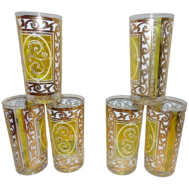 Fred Press Citron Yellow Glasses with 22K Gold Accents: These 7 Fred Press Citron Yellow Glasses with 22K Gold Accents glasses (6 shown-other is exactly like these) are a stunning rare signed Fred Press Glasses. Highly detailed design with stylized S and