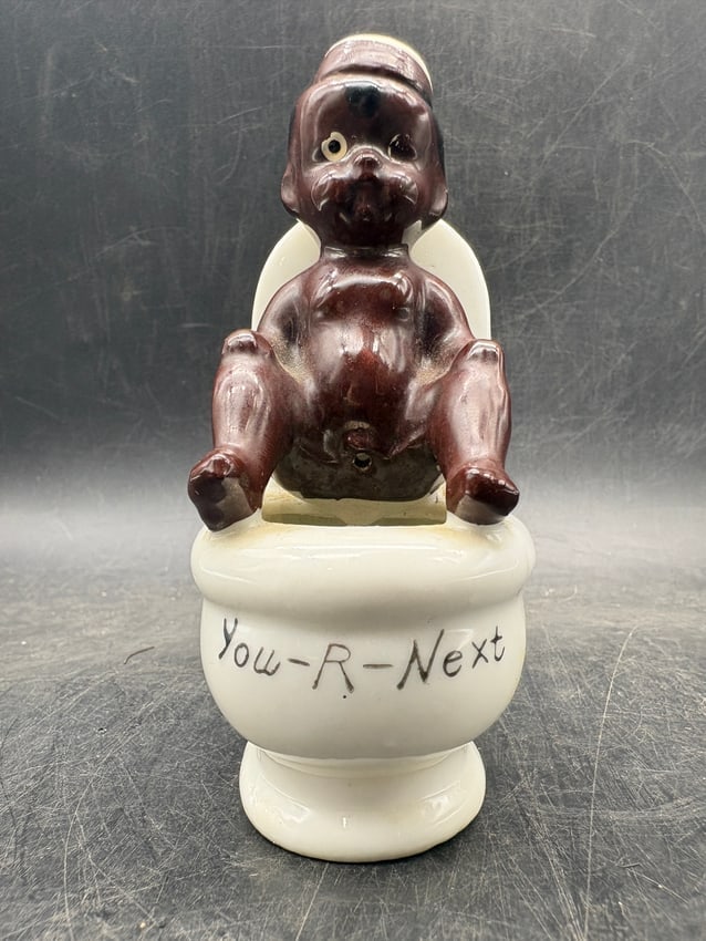 Vintage Japanese Novelty "You-R-Next" Black Americana Baby on Toilet Figural Toothpick Holder /: Date/Period: Late 1940s to 1950s Dimension: approximately 4.25 inches tall x 2.25 inches wide x 1.75 inches deep Material: Additional Information: A vintage postwar Japanese novelty ceramic figural
