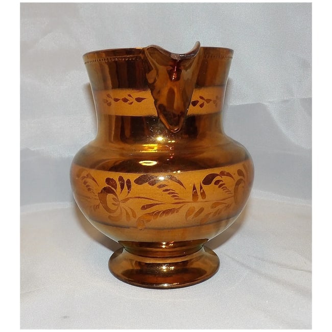 Large Copper Luster Pitcher with Hand Painted Design - 3